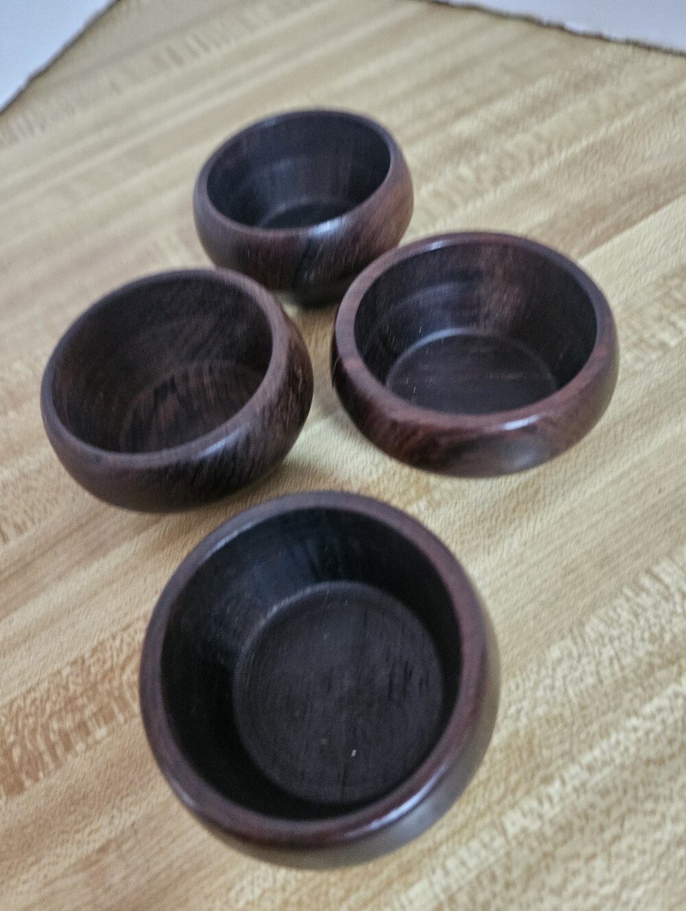 Set 4 Small Dark Wood Bowls Hand Turned Condiment Salt Spice Trinket Dishes